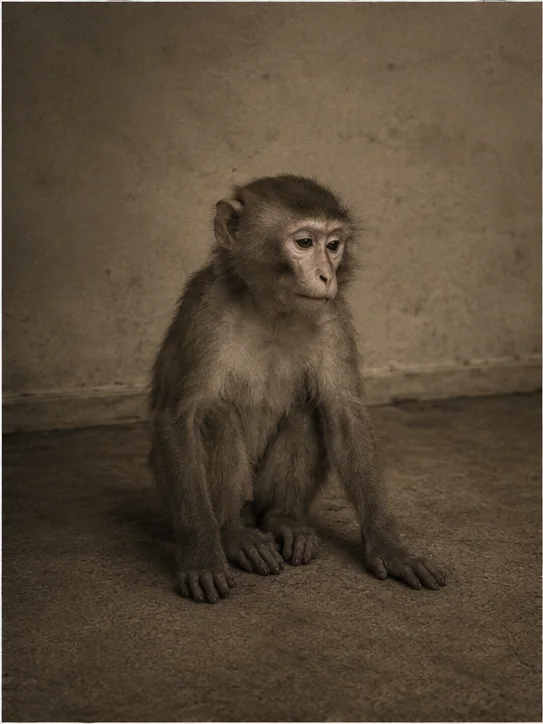 A young macaque, alone, no computer.