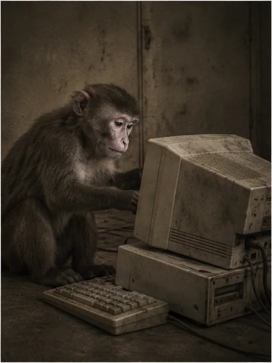 The macaque at an old CRT computer.