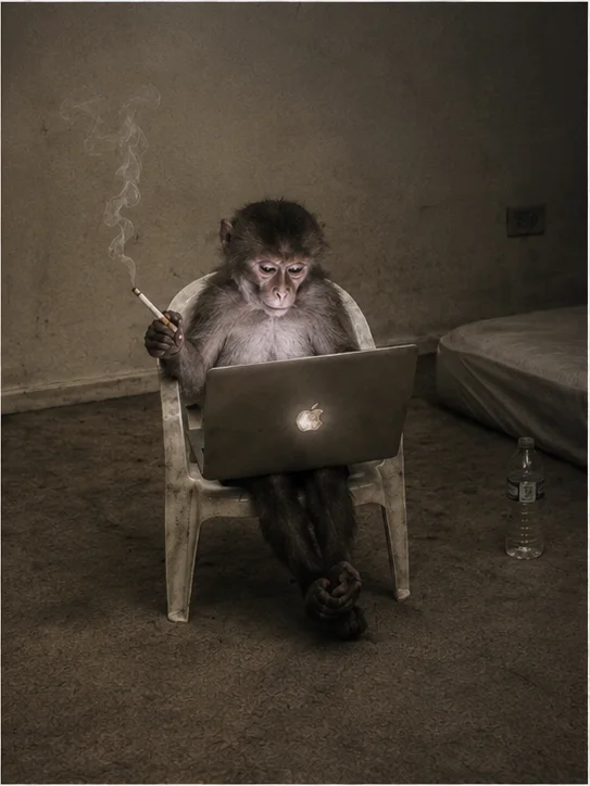 The macaque with a laptop and a cigarette.