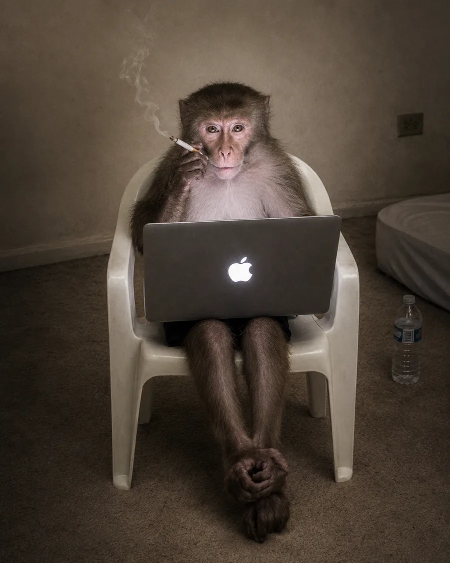 A still, unblinking view of the macaque.
