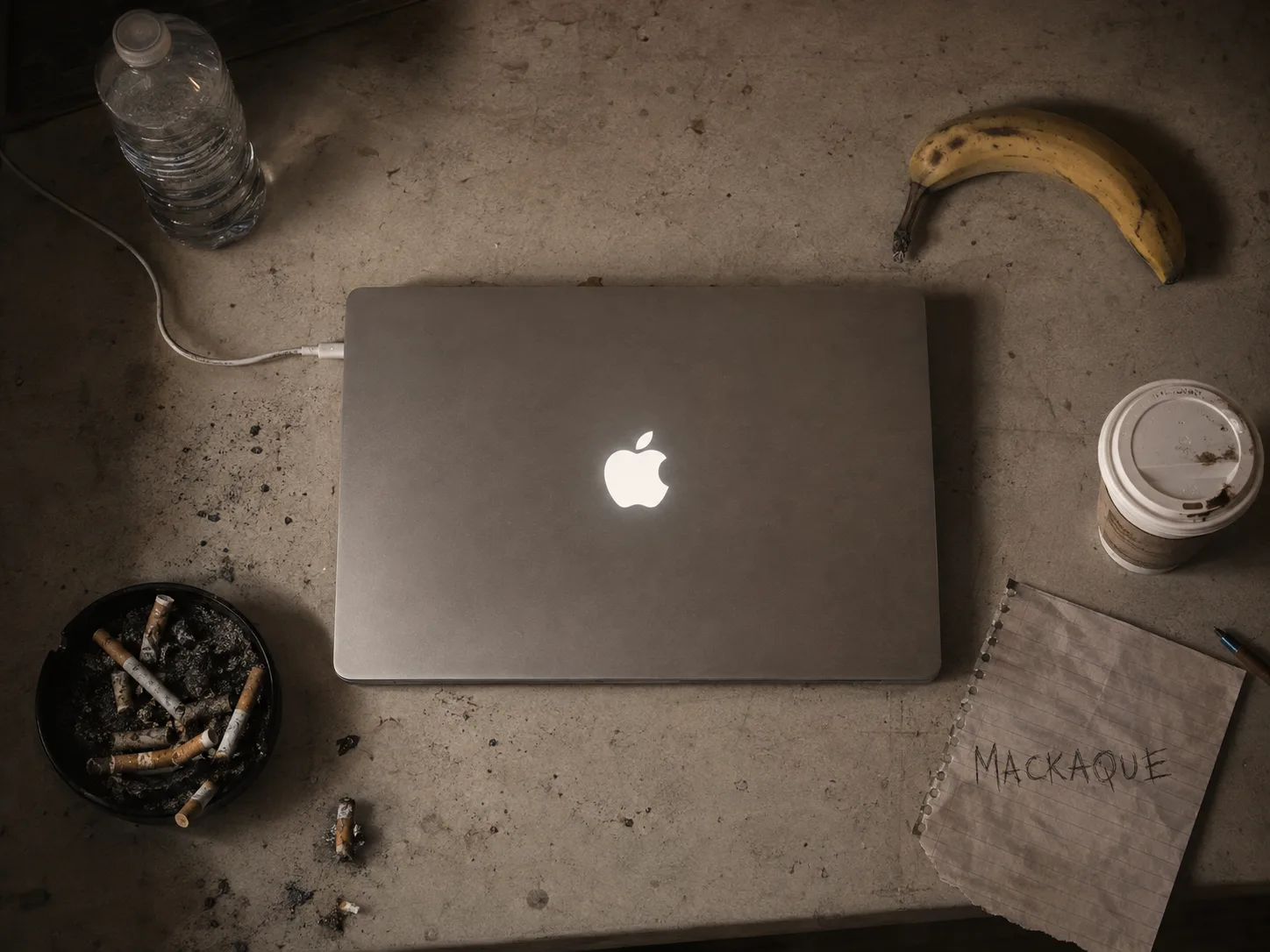Top-down view of a desk: a closed laptop with a glowing Apple logo, a banana, an ashtray, a coffee cup, and a crumpled paper note reading MACAPE.